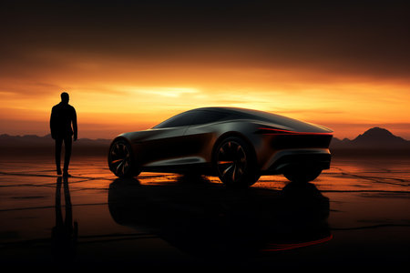 a man stands in front of a futuristic sports car at sunsetの素材