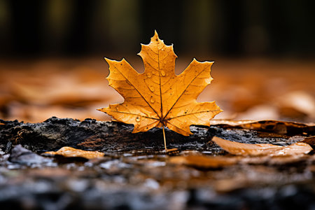 a single maple leaf sits on the ground in the rainの素材