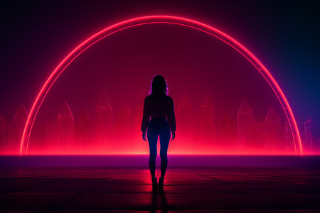 a woman standing in front of a neon light with a city in the backgroundの素材