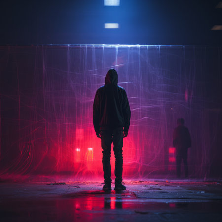 a man in a hoodie standing in front of a red lightの素材