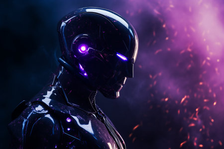 cyborg man with glowing eyes in dark backgroundの素材