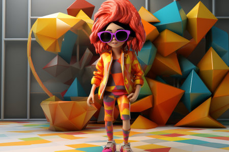 a cartoon girl with red hair and sunglasses standing in front of colorful geometric shapesの素材