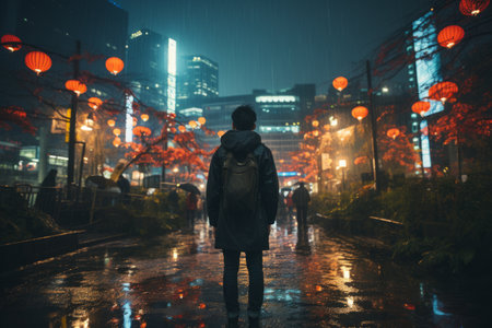 a man standing in the middle of a city at night with lanterns in the backgroundの素材