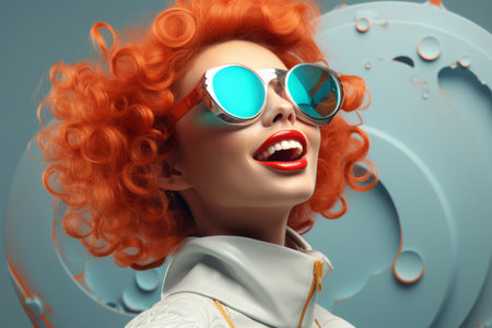 a woman with red hair wearing sunglasses and a white jacketの素材