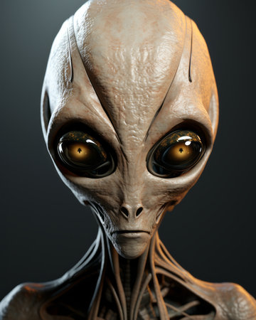 a close up of an alien head with yellow eyesの素材