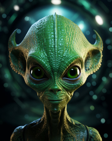an alien with green eyes and a big headの素材