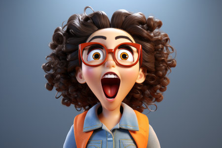 3d illustration of a girl with curly hair and glassesの素材
