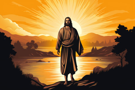 jesus standing on the edge of a cliff with the sun behind himの素材