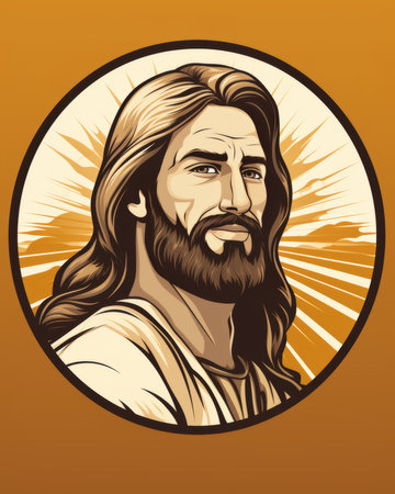 the face of jesus is shown in a circle on an orange backgroundの素材