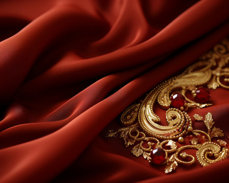 a close up of a red silk fabric with gold embroideryの素材