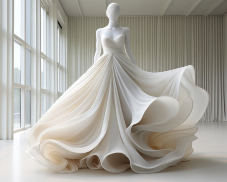 a mannequin dressed in a wedding dress is standing in front of a large windowの素材