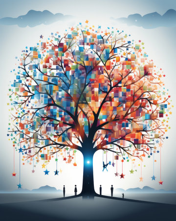 an illustration of a colorful tree with people standing around itの素材