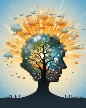 an illustration of a man with a tree in his headの素材