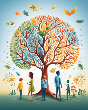 an illustration of a family standing under a tree with colorful leavesの素材