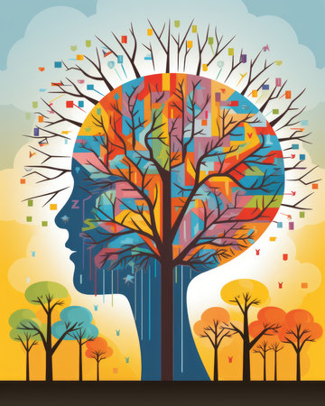 an illustration of a persons head with a tree growing out of itの素材