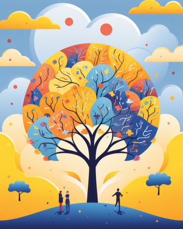 an illustration of a tree with people standing under itの素材
