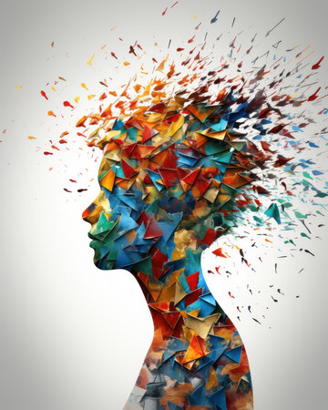 an abstract image of a womans head with colorful pieces flying out of itの素材
