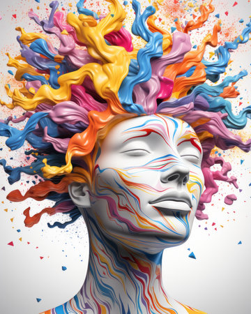 a woman with colorful paint splashed on her headの素材