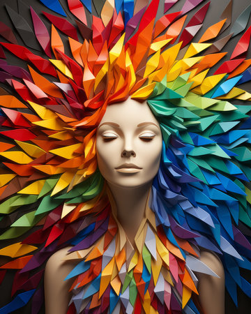 a womans face is covered in colorful paperの素材