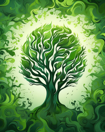 an abstract green tree with swirls around itの素材