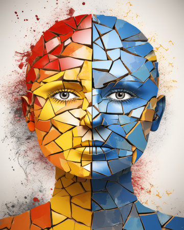 a womans face is made up of broken pieces of different colorsの素材