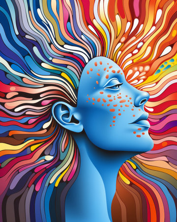a womans face with colorful swirls around her headの素材