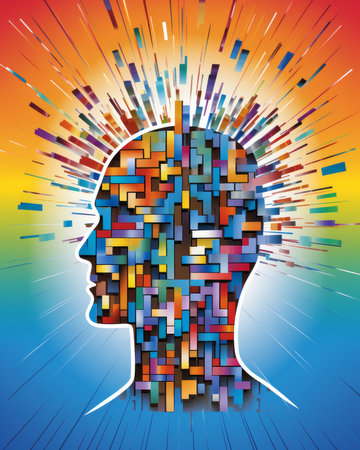 an abstract image of a mans head with colorful blocks coming out of itの素材