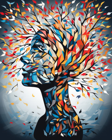 a womans head with colorful leaves on itの素材