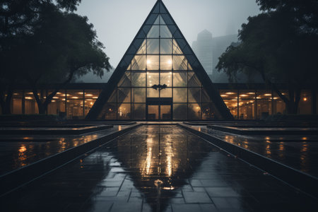 a building with a large glass window in the rainの素材