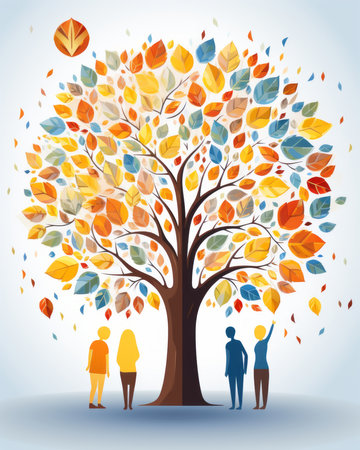 a group of people are standing under a tree with colorful leavesの素材