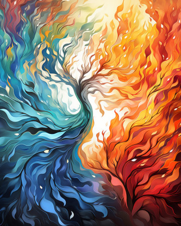 a painting of a tree with flames coming out of itの素材