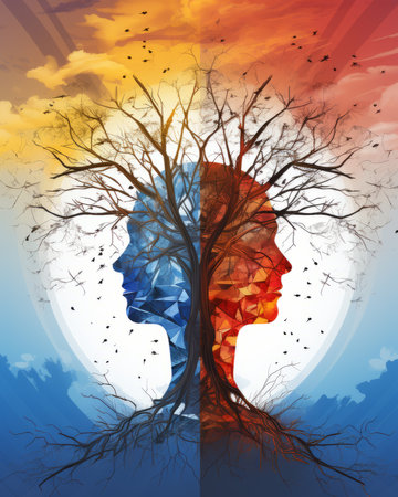 a man and a woman with their heads facing each other with a tree in the backgroundの素材