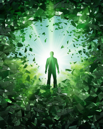 a man standing in the middle of a green tunnel with the sun shining through itの素材