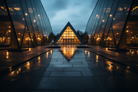 a view of a building with a triangle on it at nightの素材