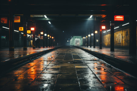 an empty train station at night with red lightsの素材
