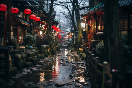 an asian street with red lanterns hanging from the treesの素材