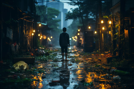 a person walking through a dirty alley at nightの素材