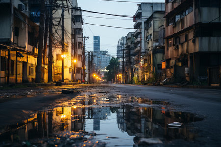 an empty city street at dusk with puddles on the groundの素材
