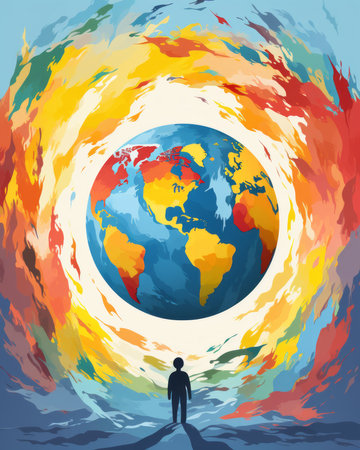 a man standing in front of a colorful worldの素材