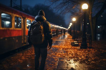 a man with a backpack is walking on a train platform at nightの素材
