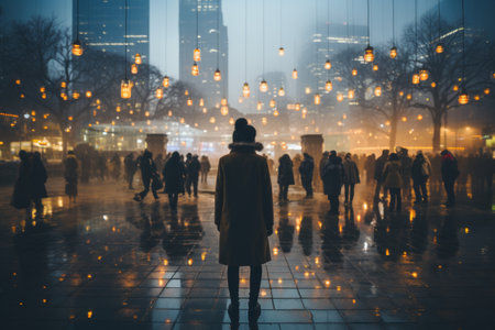 a person standing in the middle of a city at nightの素材