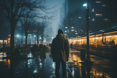 a man standing on a wet street at night with a train in the backgroundの素材