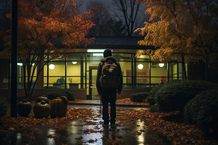 a person with a backpack standing in front of a building at nightの素材