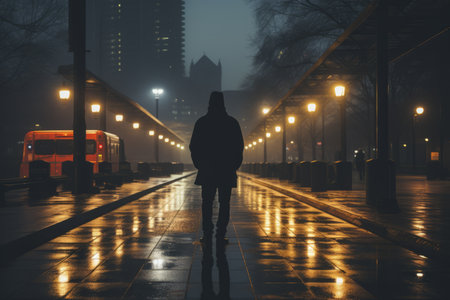 a person standing alone in the rain at nightの素材