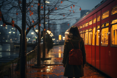 a woman with a red backpack is standing on the sidewalk next to a red trainの素材