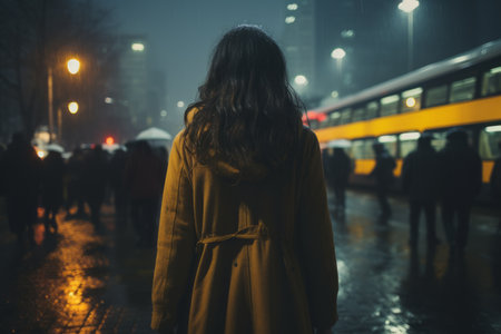 a woman in a yellow coat standing in front of a bus at nightの素材