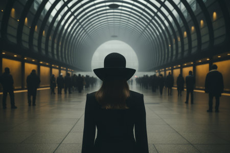 a woman in a black hat is standing in an empty hallwayの素材
