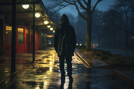 a person standing in the rain on a wet streetの素材