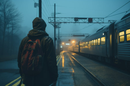 a man with a backpack standing on a train platform at nightの素材