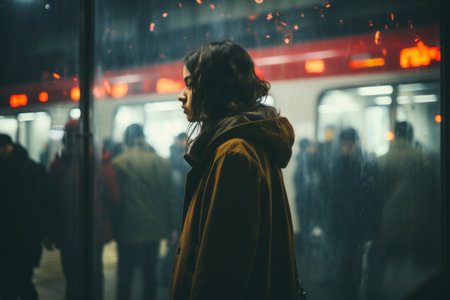 a woman standing in front of a train station at nightの素材